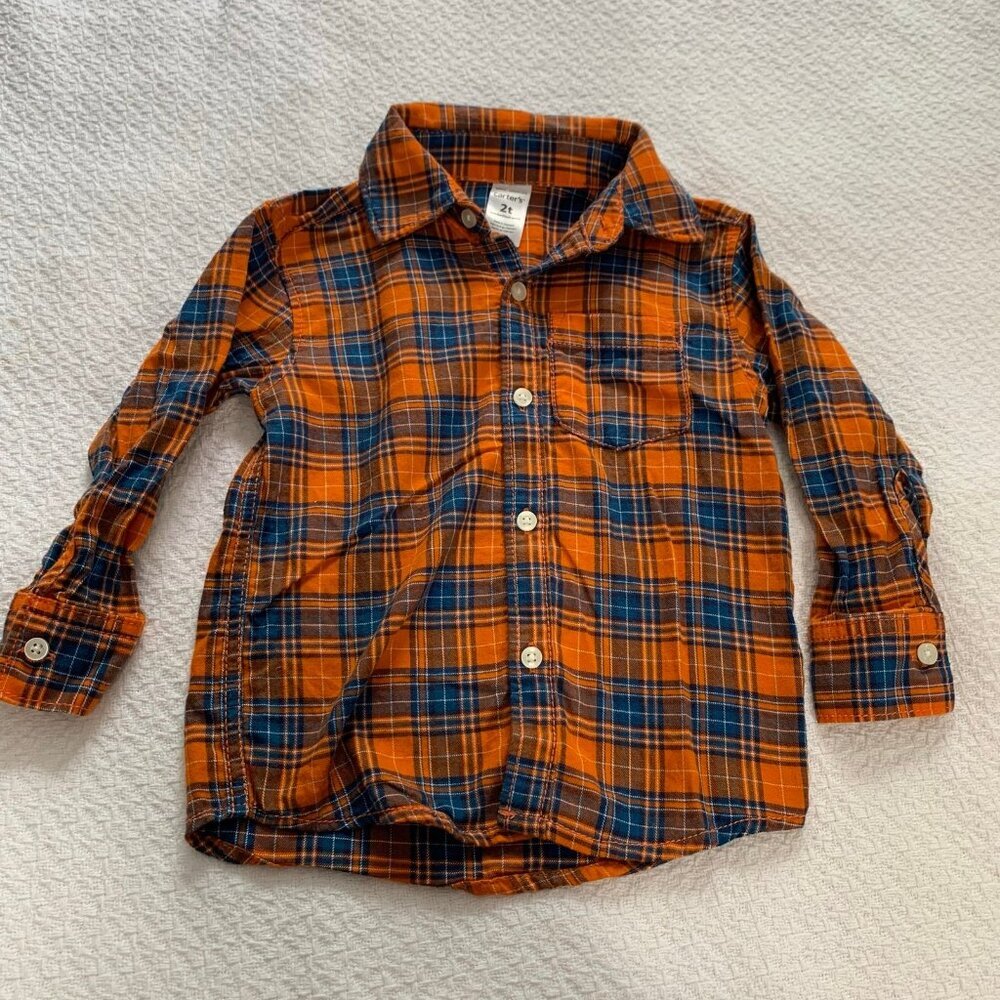 5/$25 Carter's 2T Orange Navy Blue Plaid‎ Flannel Button Down Shirt